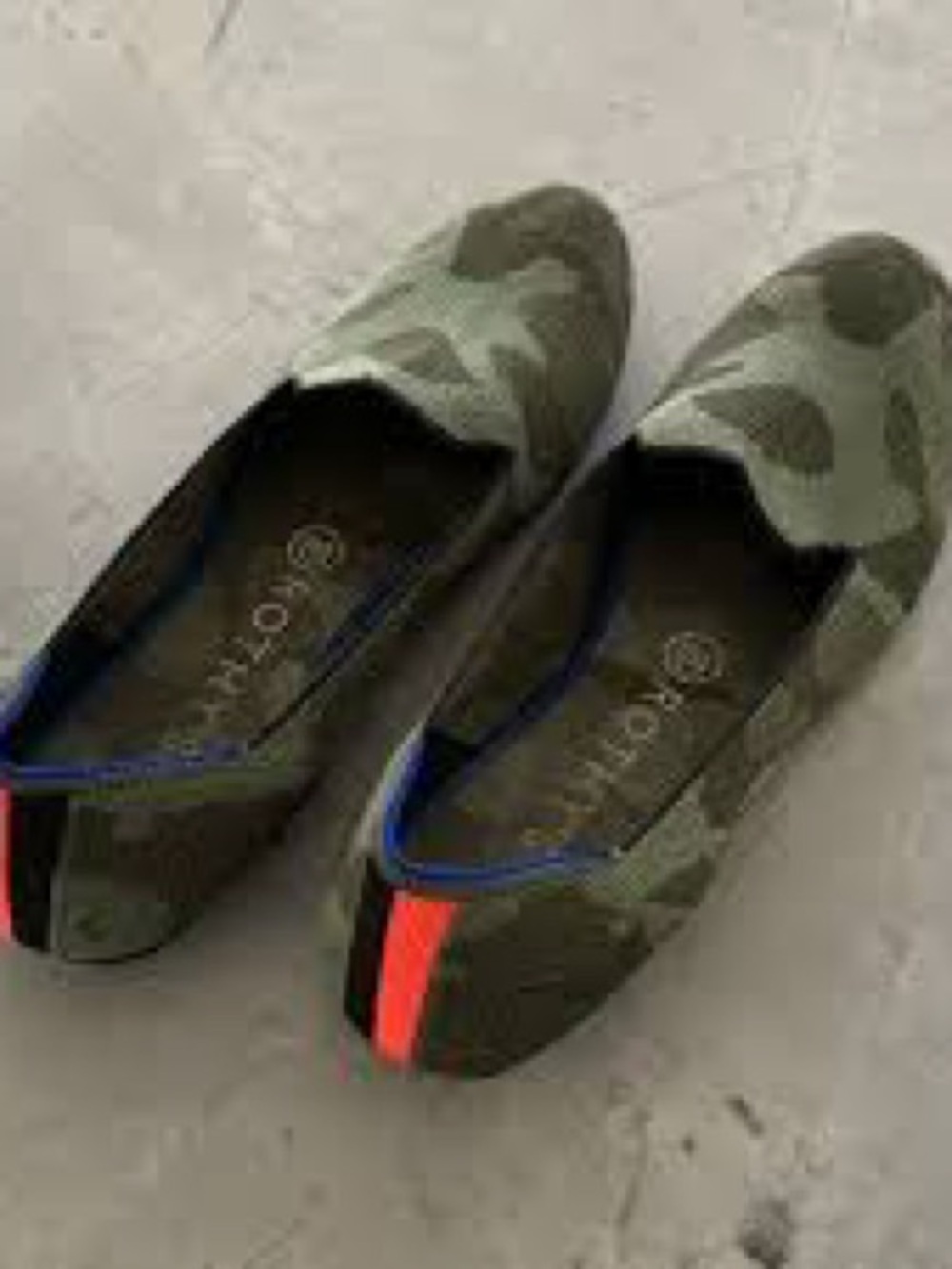 Rothy's Green and Blue Camouflage Flats, fluorescent, orange, and black stripe